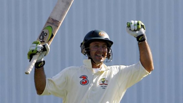 Ricky Ponting celebrates reaching his century during the first day's play of the first Ashes Test against England in Brisbane in 2006.