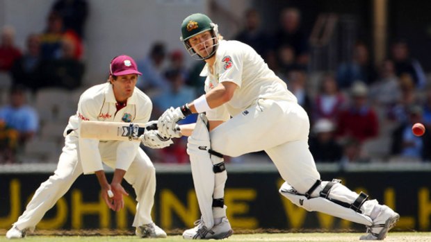 Australian opener Shane Watson plays to leg during his innings of 48 at Adelaide Oval yesterday.