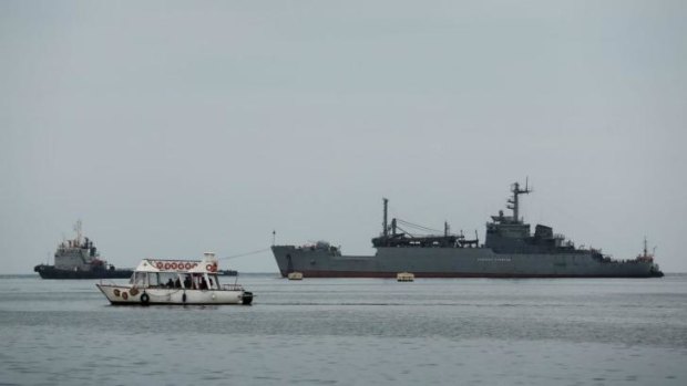 The Russian navy blockade at the entrance of the Black Sea at Sevastopol in Crimea  on Saturday.