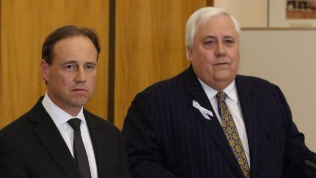 Environment Minister Greg Hunt and PUP Leader Cliver Palmer during a press conference on Wednesday.