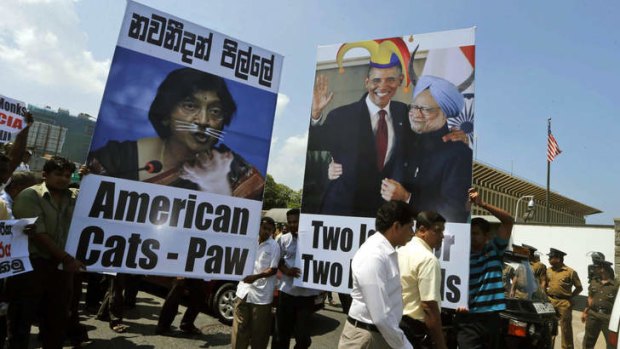 Anger ... Sri Lankan government supporters protest against the resolution outside the US embassy in Colombo.