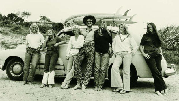 A John Witzig photograph of surfing legend Nat Young and friends at the Australian Championships in Sydney in 1972.