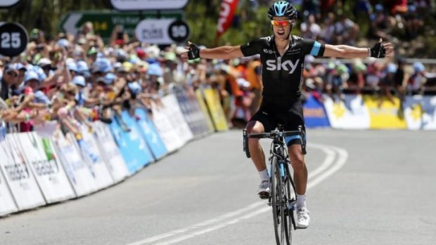 Richie Porte celebrates after winning stage 5 of the 2014 Tour Down Under.