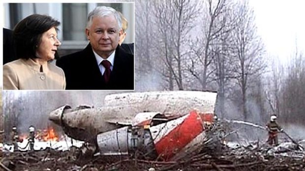The scene of yesterday’s plane crash near Smolensk in western Russia. Inset: Lech Kaczynski and his wife, Maria, who both died in the crash.