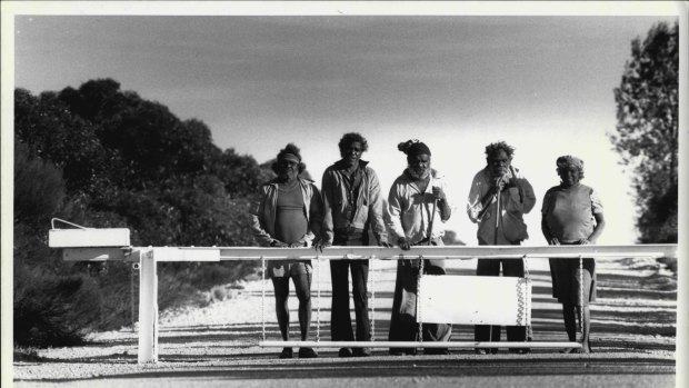 Councillors and elders of the Yalata Aboriginal community, at the Barrier gate, on the Southern access to Maralinga in 1984.