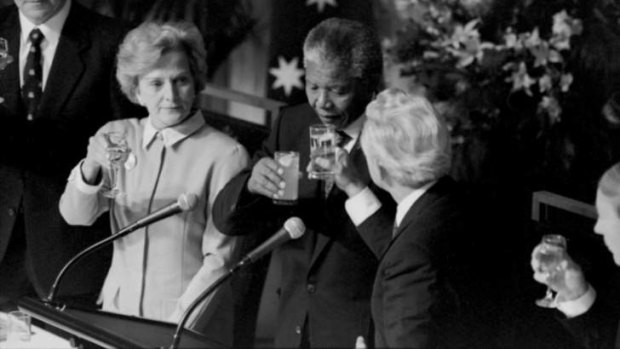 Four years after Cabinet resolved to be at the forefront of western anti-apartheid sentiment, Nelson Mandela was released from jail in South Africa. Pictured with Hazel and Bob Hawke at Parliament House.