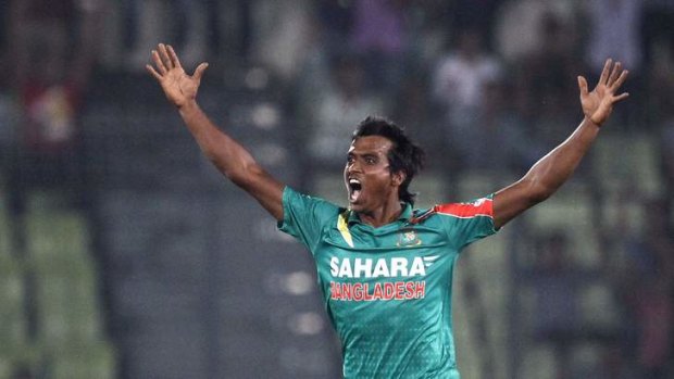 Bangladeshi bowler Rubel Hossain celebrates the dismissal of New Zealand's Corey Anderson.