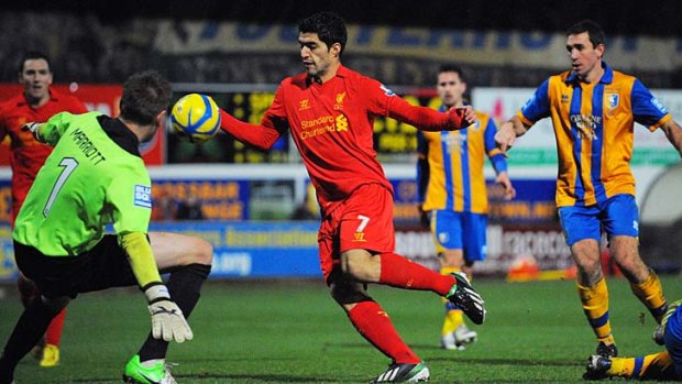 Hand it to Suarez: Liverpool's Luis Suarez appears to handle the ball as he prepares to give his team victory.