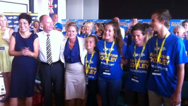 LNP Redcliffe candidate Kerri Anne Dooley and children Amy, Grace, Matt and Joey, with Premier Campbell Newman and wife Lisa at the LNP campaign launch at Scarborough.