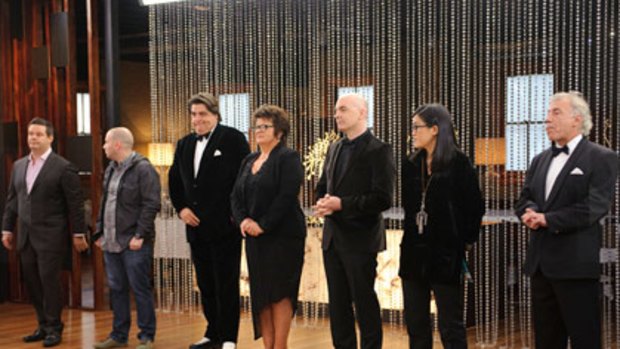 Tough crowd ... Gary Mehigan, George Calombaris and Matt Preston with guest judges Alla Wolf Tasker, Mark Best, Kylie Kwong and Jacques Reymond.