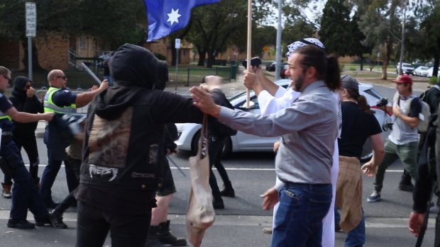 Protestors clash outside a Halal festival in Ascot Vale. 