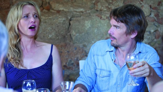Julie Delpy and Ethan Hawke in a scene from <i>Before Midnight</i>.