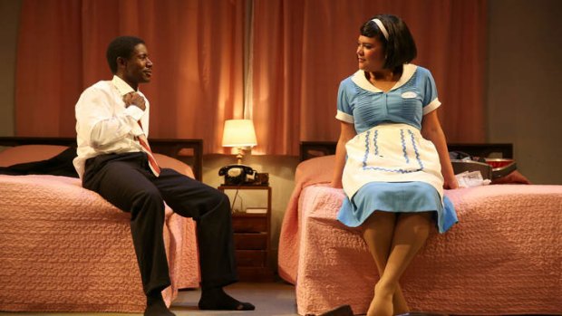 Candy Bowers as Camae and Pacharo Mzembe as Dr Martin Luther King in QTC's The Mountaintop