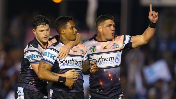 Drought-breaking win: Ben Barba celebrates after scoring a try against the Sydney Roosters at Shark Park.