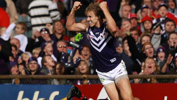 A familiar sight for the Dockers this year - Chris Mayne celebrating a goal.