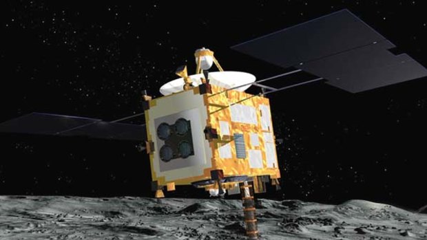 An artist rendering released by the Japan Aerospace Exploration Agency (JAXA) shows the Hayabusa probe collecting surface samples after landing on an asteroid.