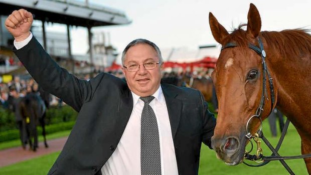 Trainer Paul Beshara reacts after Happy Trails won the Turnbull Stakes at Flemington last October.