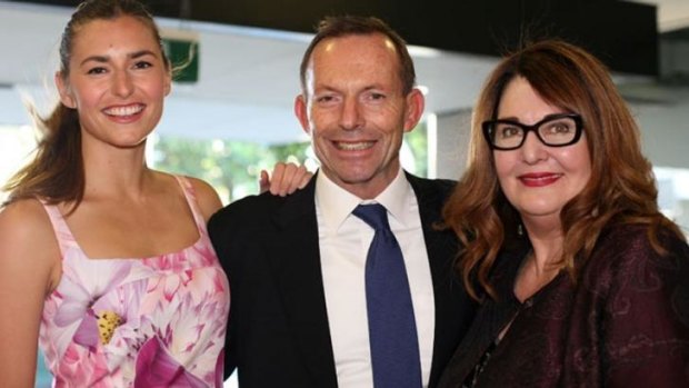 Frances Abbott with her father Tony Abbott and Leanne Whitehouse at an exhibition at the Whitehouse Design Institute.