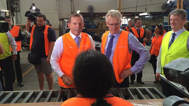 Prime Minister Tony Abbott and LNP candidate for Griffith Bill Glasson visit Breezair at Coorparoo.