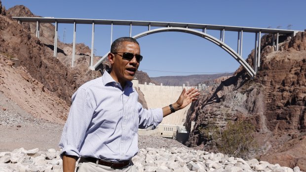 US President Barack Obama at the site of one of America's greatest infrastructure projects, the Hoover Dam.