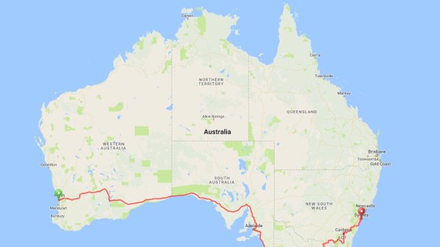 The course of the Indian Pacific Wheel Race from Fremantle to Sydney.