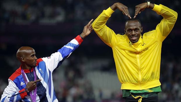 Starring roles ... Jamaica's Usain Bolt and Great Britain's Mohamed Farah imitate each other's trademark celebrations.