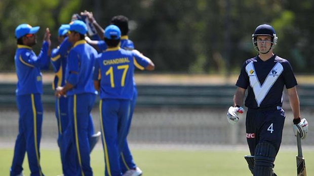 On your way: The Sri Lankans celebrate the wicket of Victorian second XI batsman Dylan Kight at the Junction Oval yesterday.