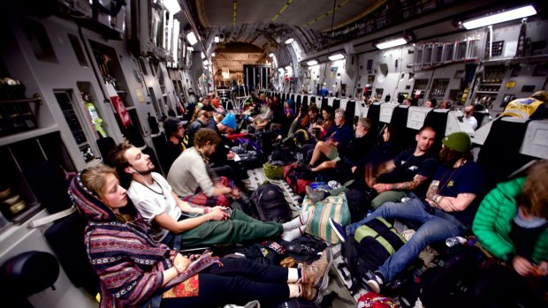 On board the RAAF C-17 Globemaster aircraft carrying evacuees from earthquake devastated Nepal to Bangkok.  