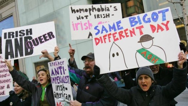 Protesters in Fifth Avenue in 2006 rally against the exclusion of Irish and Irish-American gays from marching in the annual St Patrick's Day parade.