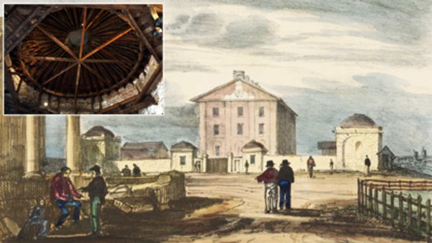 Main: The domes in the background of an 1836 lithograph; inset: the underside of the restaurant  dome.