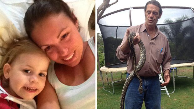 Tess Guthrie, with her two-year-old daughter Zara; and Tex Tillis, with the snake he removed from their home.