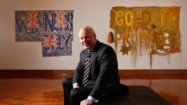 Enthusiastic: Newly appointed National Gallery of Australia director Gerard Vaughan, at the Ian Potter Museum of Art at Melbourne University. He is seated in front of <i>Wealth for toil I and II</i> by Raquel Ormella.