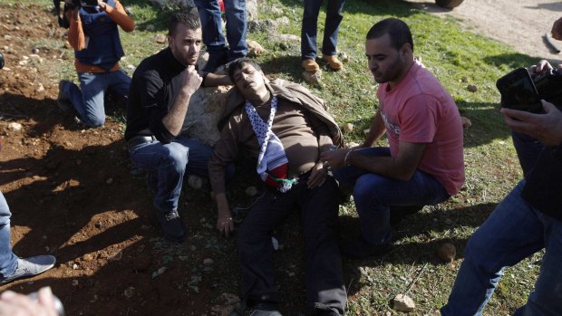 Palestinian minister Ziad Abu Ein falls after being hit by Israeli soldiers during a protest.