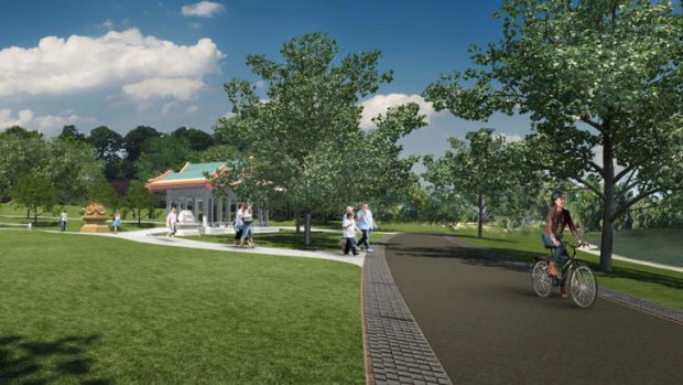 An artist's impression of the Canberra Chinese Gardens - the view to the east from the new lakeside path.