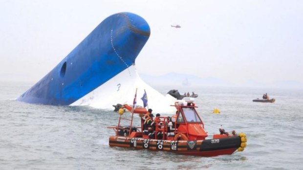 The Republic of Korea Coast Guard search for survivors as the ferry "Sewol" sinks off the coast of Jindo Island, South Korea.