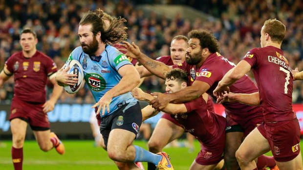 The future: Aaron Woods on his way to the try line for NSW at the MCG.