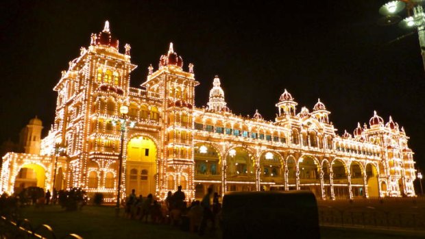 The Maharaja's Palace at Mysore, lit up during Diwali Festival.