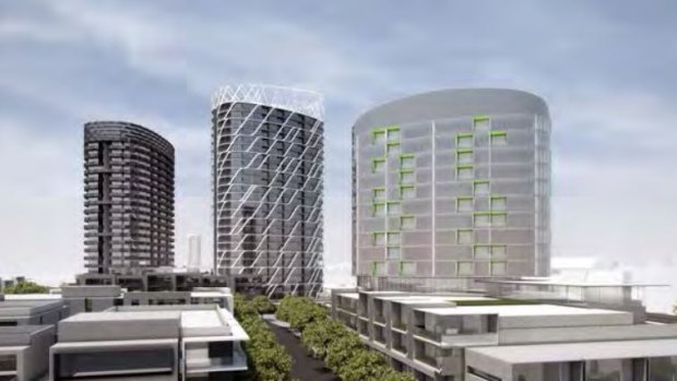 The three proposed apartment towers next to Flemington Racecourse railway station, on land owned by the Victoria Racing Club in Ascot Vale. 