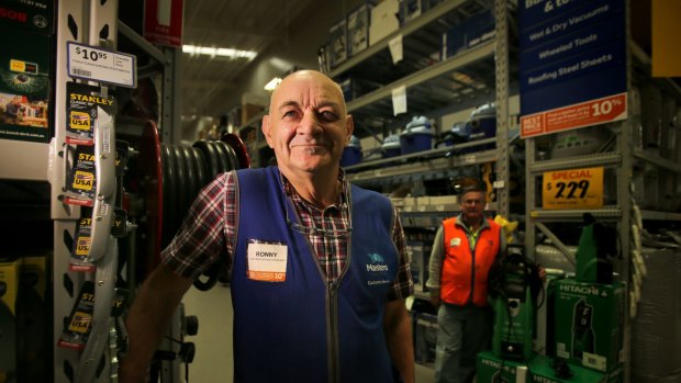 Mature workers Peter Kitson-Crowe 65 (left) and Ronny Brennan 64 (right) at their work, Masters Home Improvement in Casula, Sydney. 