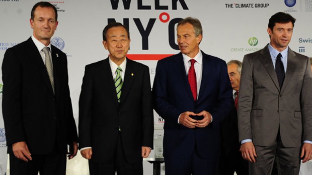 Actor Hugh Jackman, right, stands with UN Secretary General Ban Ki-Moon, second left, the Climate Group chief executive Steve Howard, left, and former British prime minister Tony Blair.