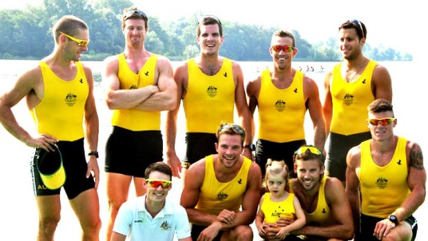 Before the Games: the Australian men's eight (back from left) Cam McKenzie-McHarg, Bryn Coudraye, Nick Purnell, Francis Hegerty, Tom Swann, (front, from left)  Toby Lister (cox), Josh Booth, Matt Ryan with his daughter, Marli, and Sam Loch