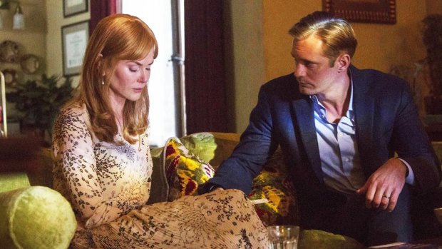 Nicole Kidman with her on-screen husband (Alexander Skarsgard) in the  subversive and searching melodrama, <i>Big Little Lies</I>.