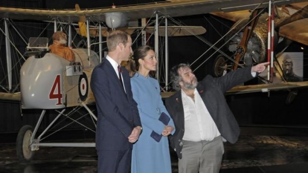 Film director Peter Jackson shows William and Kate around the Omaka Aviation Museum in Blenheim. 