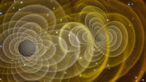 An illustration of gravitational waves produced by two orbiting black holes. 