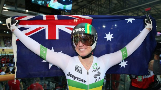 Flying the flag: Anna Meares celebrates after winning the women's keirin at the world track championships in Paris.
