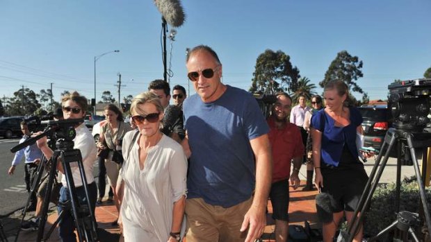 Tim Watson and wife, Susie, parents of Essendon captain Jobe Watson, arrive for a meeting with management at Windy Hill.