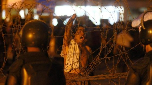 Demonstrators outside the presidential palace in Cairo rally against the protest law that has been used to jail and prosecute activists.