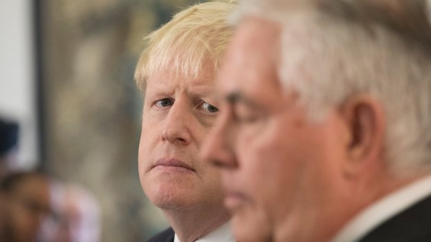 US Secretary of State Rex Tillerson, right,   with British Foreign Secretary Boris Johnson in London on Monday. Mr Tillerson said that he saw progress in getting European support for tough new penalties against Iran that could prevent a US withdrawal from the Iran nuclear deal. 