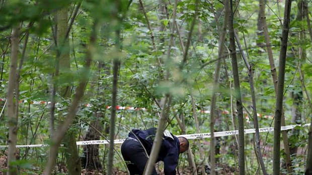 Grim discovery .... French police look for evidence in the Vincennes forest.