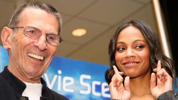Actors Leonard Nimoy and Zoe Saldana attend the launch event of Yoostar 2 at the 2010 E3 Expo in Los Angeles.